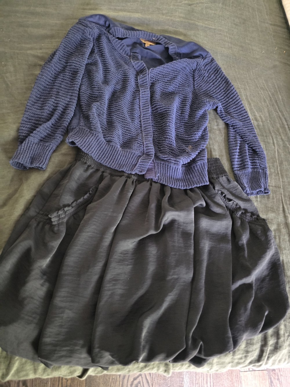 Navy Cardigan with Black Bubble Skirt Set